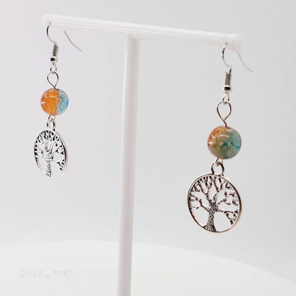 Tree of Life Blue Orange Fire Agate Tibetan Silver Toned Earrings